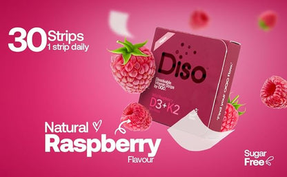 DISO - D3+K2 - Dissolvable Supplement Oral Strips, Wild Raspberry Flavor, Vegan, Sugar Free, Maximum Absorption, Gluten Free, Individually Wrapped, for Healthy Bones and Teeth, 30 Count