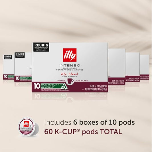Illy Coffee K Cups - Coffee Pods For Keurig Coffee Maker – Intenso Dark Roast – Notes of Cocoa & Dried Fruit - Bold, Flavorful & Full-Bodied Flavor of Pods Coffee - No Preservatives – 10 Count, 6 Pack