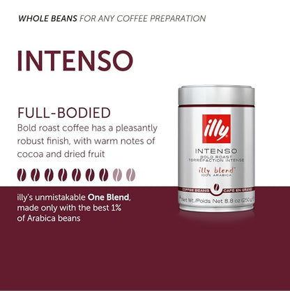 illy caffe Whole Bean Coffee - Perfectly Roasted Whole Coffee Beans – Intenso Dark Roast - Warm Notes of Cocoa & Dried Fruit – Full-Bodied - 100% Arabica Coffee - No Preservatives – 8.8 Ounce, 6 Pack