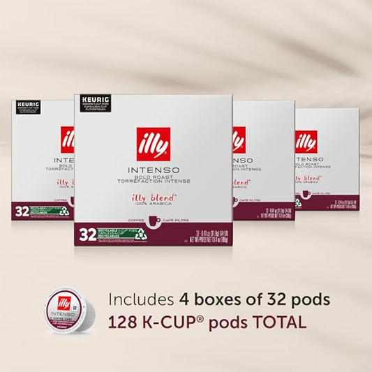 Illy Coffee, Intenso Dark Roast Coffee K-Cups, Made With 100% Arabica Coffee, Intense & Robust Flavor, All-Natural, No Preservatives, Coffee Pods for Keurig Coffee Machines,128 K-Cup Pods