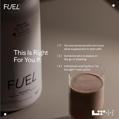Fuel Vegan & All-in-One - Trusted by Life Time Fitness Members - 30g Protein - Plant-Based Protein Meal Replacement - Vitamins, Minerals, Digestive Enzymes & Probiotics - Chocolate, 20 Servings