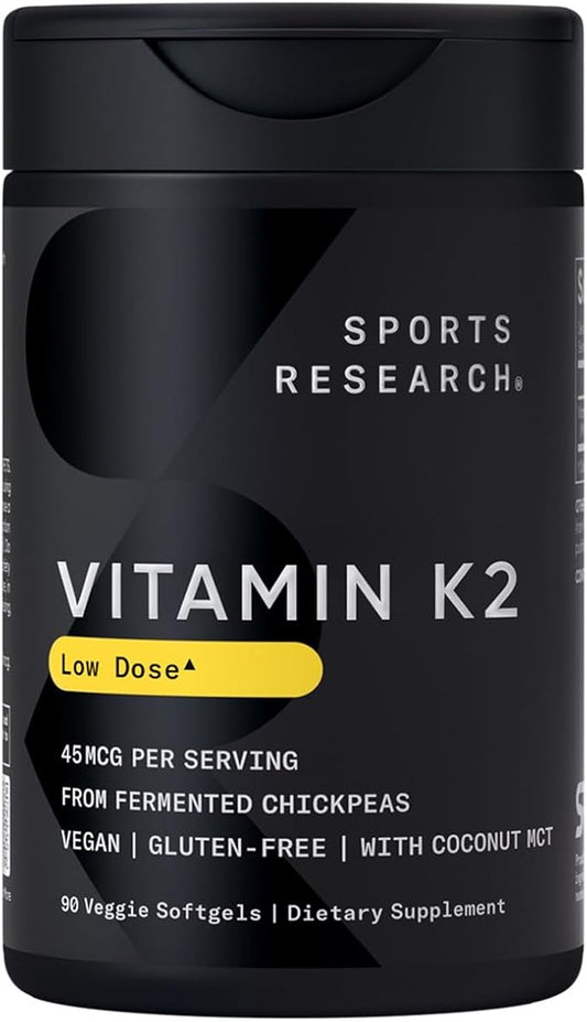 Sports Research® Vitamin K2 as MK7 (45mcg) - Vegan K2 from Chickpea with Coconut MCT Oil - Supports Bone & Heath Health - Vegan Certified, Gluten & Soy Free - 60 Veggie Softgels