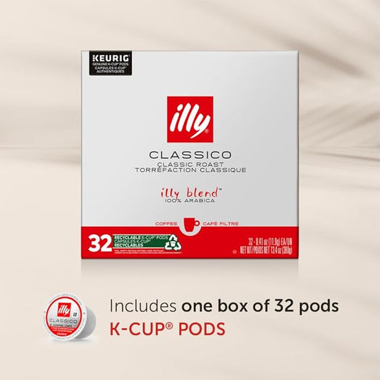 Illy Coffee K Cups - Coffee Pods For Keurig Coffee Maker – Classico Roast - Caramel, Orange Blossom & Jasmine - Mild, Flavorful & Balanced Flavor Pods of Coffee - No Preservatives – 32 Count