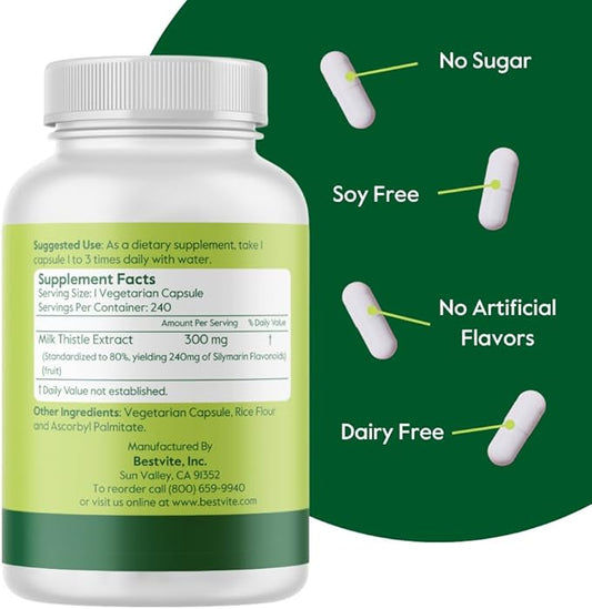 BESTVITE Milk Thistle 300mg (240 Vegetarian Capsules) 80% Silymarin