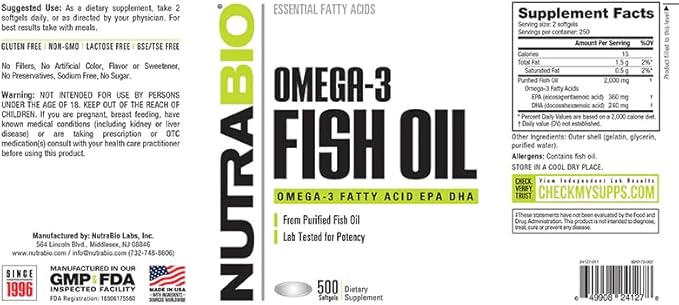 NutraBio Omega 3 Fish Oil Supplement 500 Softgels