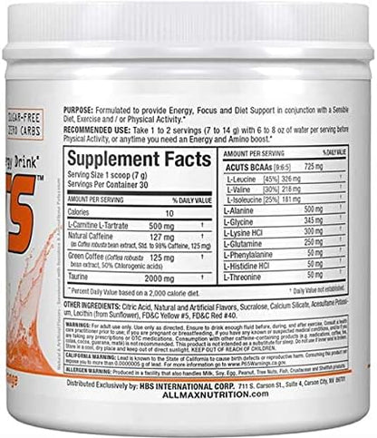 ALLMAX Nutrition AMINOCUTS (ACUTS), Amino-Charged Energy Drink with Taurine, L-Carnitine, Green Coffee Bean Extract, Orange, 30 Servings