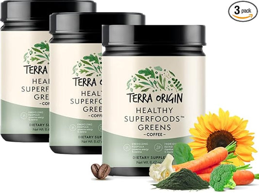 Greens Powder Immune Defense and Digestive Support | Probiotics, Organic Vegetables, Digestive Enzymes | Non-GMO, Gluten-Free, Vegan | Three 30 Serving tubs | Coffee Flavor