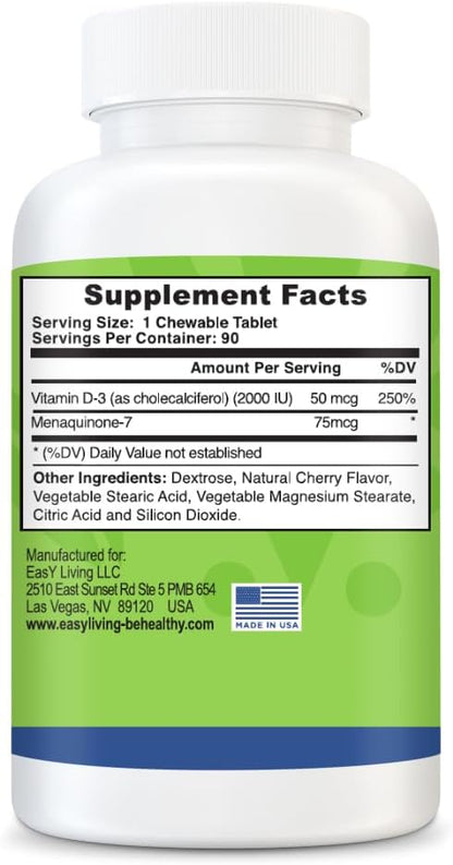 Vitamin D3 with K2 2000IU Supplement - 90Count Chewable Tablets, Vegetarian Vitamin D3 50mcg & K2 as MK-7 75mcg, Immune Health, Bone & Teeth Support