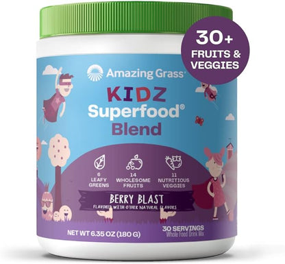 Amazing Grass Kidz Superfood: Organic Greens, Fruits, Veggies, Beet Root Powder & Probiotics for Healthy Kids, Berry Blast, 30 Servings