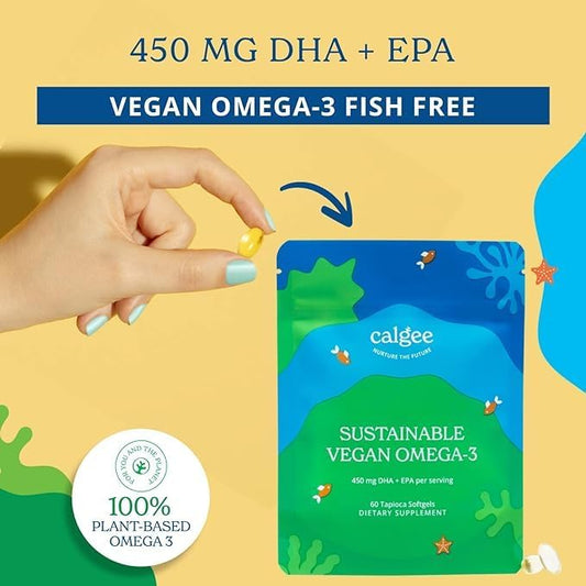 Vegan Omega 3-450mg DHA & EPA Fatty Acids - Sustainable Algae Oil - Plant-Based Fish Oil Alternative - Carrageenan-Free Softgels (60 Ct)