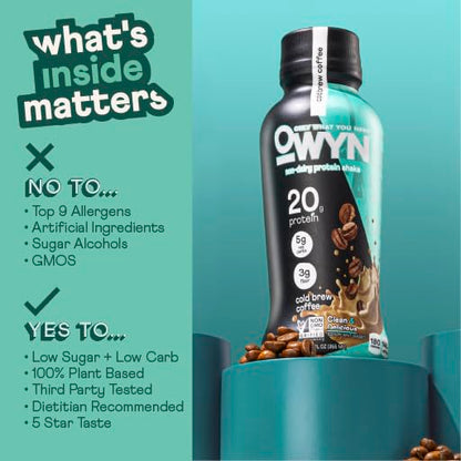 OWYN Only What You Need Vegan Plant Based Protein Shake, Cold Brew Coffee, 24 Pack, 148mg Caffeine, 20g Plant Protein, Omega-3, Prebiotic Supplements, Gluten-Free, Soy-Free, Non-GMO