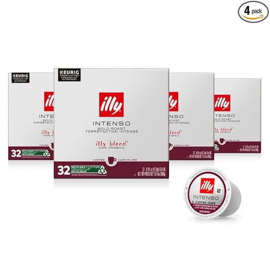 Illy Coffee, Intenso Dark Roast Coffee K-Cups, Made With 100% Arabica Coffee, Intense & Robust Flavor, All-Natural, No Preservatives, Coffee Pods for Keurig Coffee Machines,128 K-Cup Pods