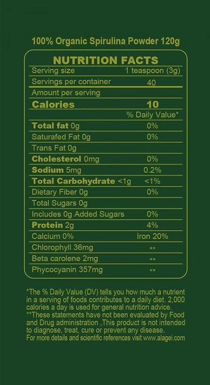 Certified 100% Organic Spirulina Powder 4.23oz/120g B-12 with