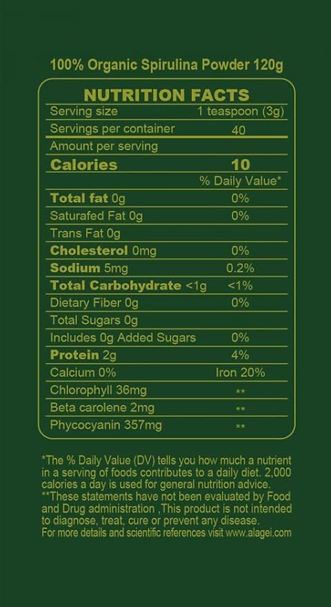 Certified 100% Organic Spirulina Powder 4.23oz/120g B-12 with