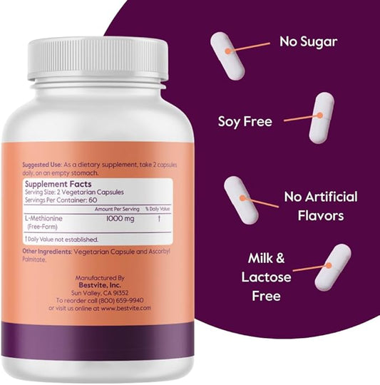 BESTVITE L-Methionine 500mg (120 Vegetarian Capsules)