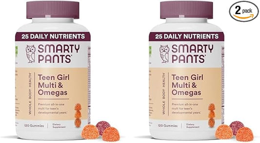 SmartyPants Teen Girl Multivitamin Gummies: Omega 3 Fish D3, C, B12, B6, B6, Vitamin 120 Count (30 Day 2)