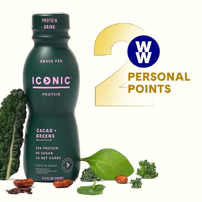 Iconic Protein Drinks, Cacao + Greens (12 Pack) - Sugarfree Protein Shakes with Organic Veggies & Unroasted Cacao - Low Carb, Lactose Free, Gluten Free, Soy Free - Keto Friendly
