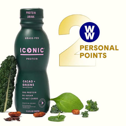 Iconic Protein Drinks, Cacao + Greens (12 Pack) - Sugarfree Protein Shakes with Organic Veggies & Unroasted Cacao - Low Carb, Lactose Free, Gluten Free, Soy Free - Keto Friendly