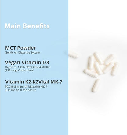 Vitamin D3 K2 with MCT, 5000 D3 & 100 mcg MK7 K2, K2, Support 30 Capsules (30 Days