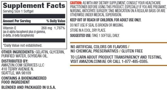 Amazon Elements Vitamin E, 400 IU, 100 Softgels, 100 days