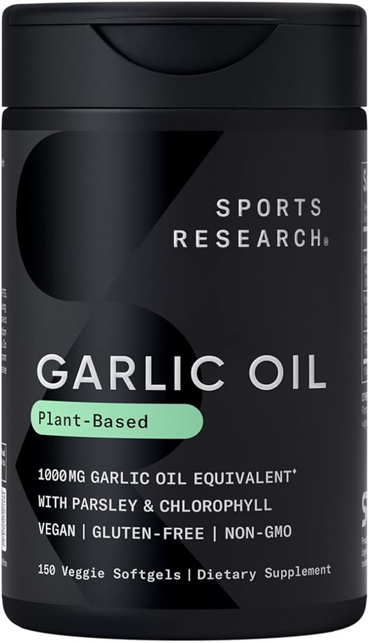 Sports Research Odorless Garlic Oil Pills (1000mg) with Parsley & Chlorophyll - Non-GMO Verified, Vegan Certified & Gluten Free - 150 Plantgel Capsules