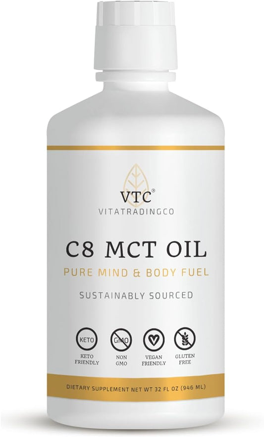 VTC VitaTradingCo. 100% Pure C8 MCT Oil | 3X Distilled Caprylic Acid | Healthy Fat for Clean Energy | Sustainably Sourced | Non-GMO, Paleo, Keto | 32oz, 64 Servings (Unflavored)
