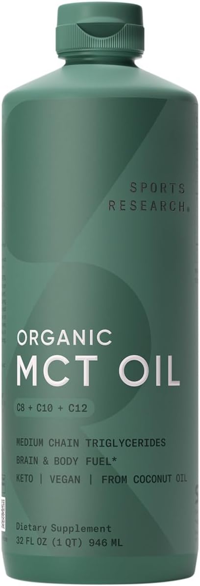 Sports Research Keto MCT Oil from Organic Coconuts - Fatty Acid Fuel for Body + Brain Triple Ingredient C8, C10, C12 MCTs Perfect in Coffee, Tea, & More Non-GMO Vegan Unflavored (32 Oz)