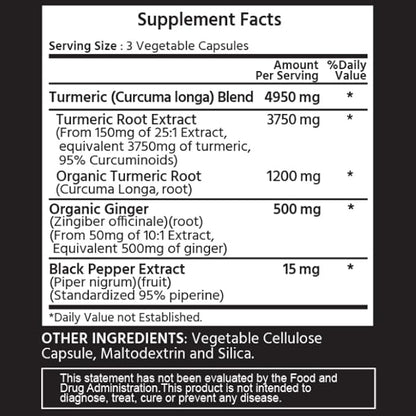 Extra Strength Turmeric Curcumin 4950 mg 120 Vegetable 95% Curcuminoids,