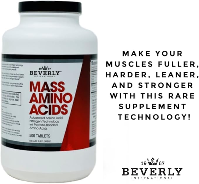 Beverly International Mass Amino Acids, 500 Tabs. Use Pre-Post Workout, with Meals, Essential for Muscle Recovery and Repair. Complete Amino Acid Profile