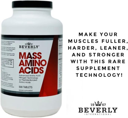 Beverly International Mass Amino Acids, 500 Tabs. Use Pre-Post Workout, with Meals, Essential for Muscle Recovery and Repair. Complete Amino Acid Profile