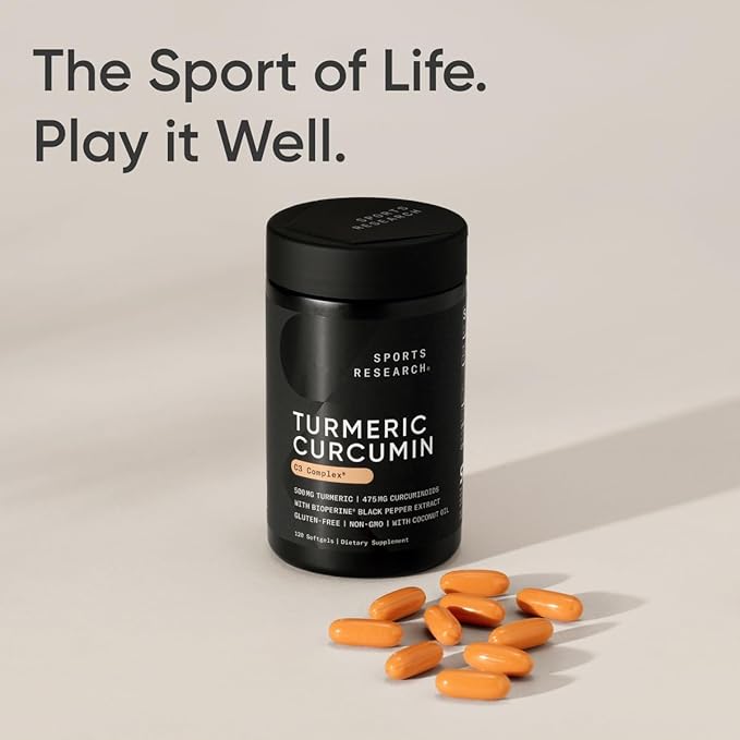 Sports Research Turmeric Curcumin C3 Complex - Softgels with Bioperine Black Pepper Extract & Organic Coconut Oil, Standardized 95% Curcuminoids - Non-GMO Verified & Gluten Free - 500mg, 60 Count