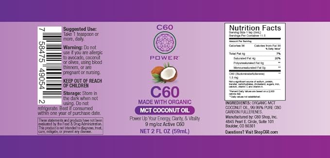 C60 Power - MCT 2-oz.- Organic MCT Coconut Oil, 2 Fl Oz, 99.99% Pure Carbon Fullerenes, Lift Oxidative Burden, Optimize Mitochondrial Function