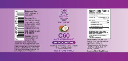 C60 Power - MCT 2-oz.- Organic MCT Coconut Oil, 2 Fl Oz, 99.99% Pure Carbon Fullerenes, Lift Oxidative Burden, Optimize Mitochondrial Function