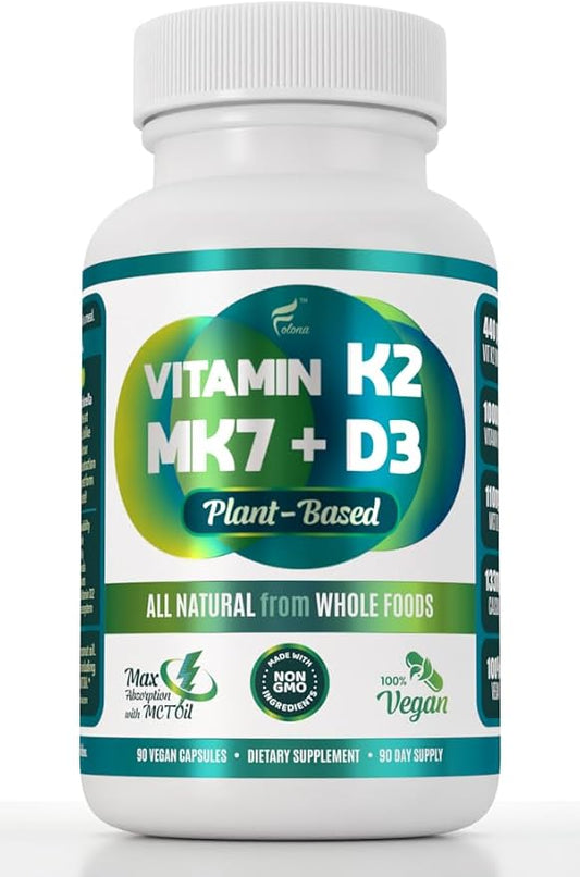 Vegan Vitamin K2+D3 | 440 mcg All-Trans MK-7 440mcg from Peas + 1000IU Vitamin D3 from Chlorella + MCT Coconut Oil for max Absorption | 90 Capsules, 100% Vegan, Non-GMO