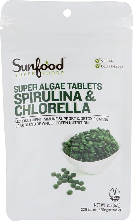 Sunfood Chlorella Spirulina Tablets - Spirulina and Chlorella Capsules, Chlorella Powder Pills, Green Algae Supplement Rich in Chlorophyll, Broken Cell Wall, Vegan - 2 oz Bag