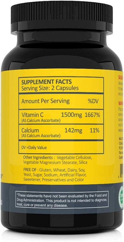 Non Acidic Vitamin C Dietary Supplement 1500mg with 100 Caps