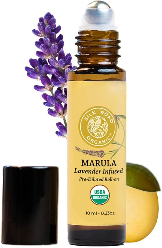 Organic Marula Seed & Lavender Essential Oil, 100% Pure USDA Certified Aromatherapy, Deep Hydration for Face, Body, Lips, Hair, Nails - 10 ml Roller by Silk Road Organic