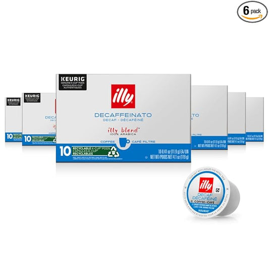 Illy Coffee K Cups - Coffee Pods For Keurig Coffee Maker – Classico Decaf Roast – Notes of Caramel - Mild, Flavorful & Balanced Flavor Pods of Coffee - No Preservatives – 10 Count, 6 Pack