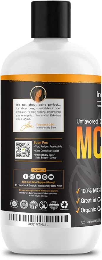 Intentionally Bare Pure C8 MCT Oil Organic - Brain Octane C8 MCT Oil for Keto Paleo & Vegan Diet - Unflavored MCT Oil C8 for Bulletproof Coffee Shakes & Salads - 100% Pure MCT Oil 32 oz