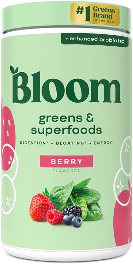 Bloom Nutrition Superfood Greens Powder, Digestive Enzymes with Probiotics and Prebiotics, Gut Health, Bloating Relief for Women, Chlorella, Green Juice Mix with Beet Root Powder, 60 SVG, Berry