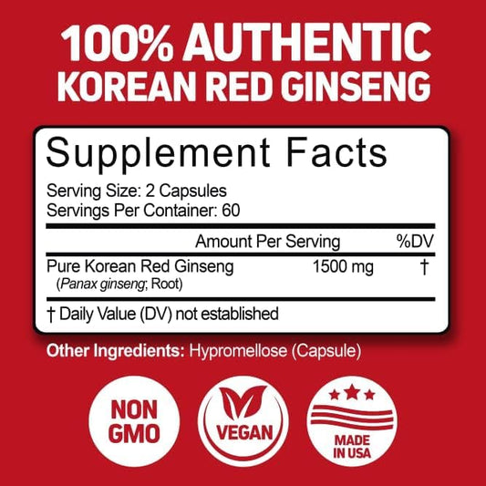 Herbtonics Korean Red Panax Ginseng 1500mg -120 Capsules