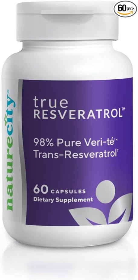 NatureCity TrueResveratrol – Resveratrol Supplement & Anti-Aging Support with 75mg Trans-Resveratrol (98% Pure Veri-te) for Heart, Immune, Bone & Cognitive Health | 60 Veggie Capsules