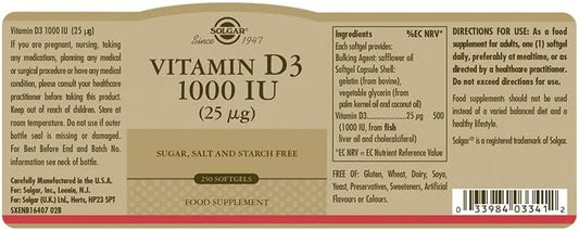 Solgar Vitamin D3 (Cholecalciferol) 25 MCG (1000 IU), 250 Softgels 250 Servings