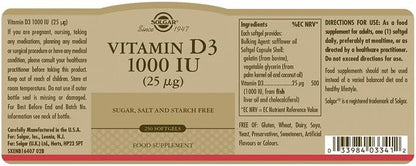 Solgar Vitamin D3 (Cholecalciferol) 25 MCG (1000 IU), 250 Softgels 250 Servings