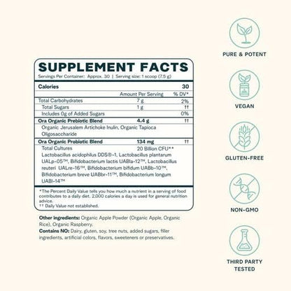 Ora Organic Prebiotic and Probiotic Powder Supplement - 20 Billion Probiotics, 7 Strains for Best Prebiotic Powder, Non-GMO, Probiotics for Women, Men & Kids - Apple Raspberry Flavor, 30 Servings…