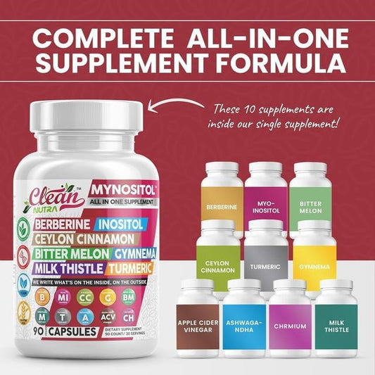 Clean Nutra Berberine Inositol Supplement with Ceylon Cinnamon, Bitter Melon, Gynema Sylvestre, Milk Thistle, Turmeric - 90 Vegan Vegetarian Capsules, Non-GMO, Gluten Free - Berberine for Women Men