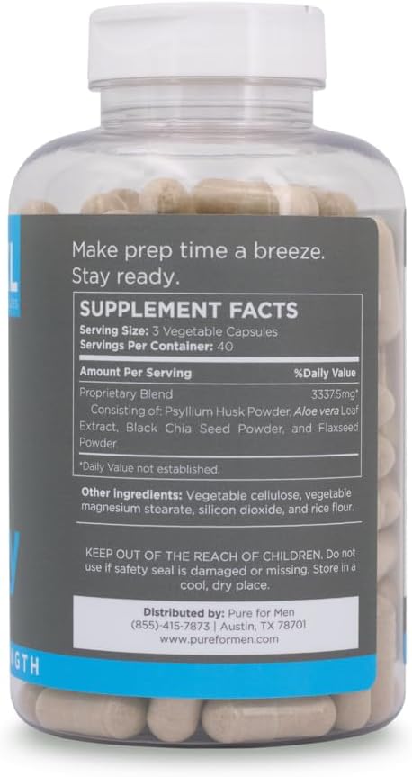 Pure for Men Stay Ready Fiber Extra Strength Supplement | Digestive Regularity | Bowel Movement & Gut Health Support | Vegan Cleanliness | Proprietary Formula | 120 Vegan XL Capsules