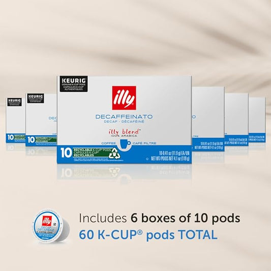 Illy Coffee K Cups - Coffee Pods For Keurig Coffee Maker – Classico Decaf Roast – Notes of Caramel - Mild, Flavorful & Balanced Flavor Pods of Coffee - No Preservatives – 10 Count, 6 Pack