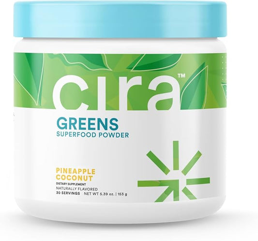 Cira Daily Greens - Naturally Sweetened, Organic Spirulina Superfood Powder with Premium, Antioxidant-Rich Ingredients for Debloating, Digestion, & Energy - Pineapple Coconut, 30 Servings
