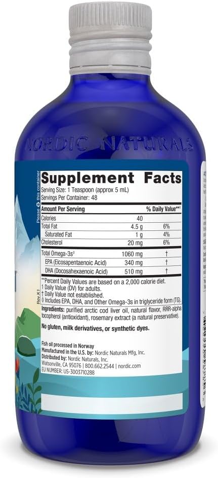 Nordic Naturals Arctic Cod Liver Oil, Lemon - 8 oz - 1060 mg Total Omega-3s with EPA & DHA - Heart & Brain Health, Healthy Immunity, Overall Wellness - Non-GMO - 48 Servings